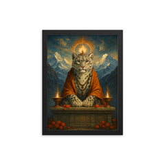 Snow leopard oracle on Himalayan altar framed print on a plain backdrop in size 12"x16".