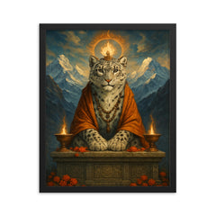 Snow leopard oracle on Himalayan altar framed print on a plain backdrop in size 16"x20".