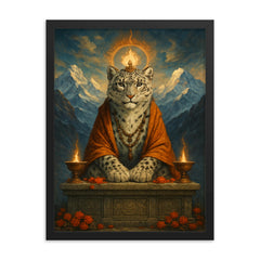 Snow leopard oracle on Himalayan altar framed print on a plain backdrop in size 18"x24".