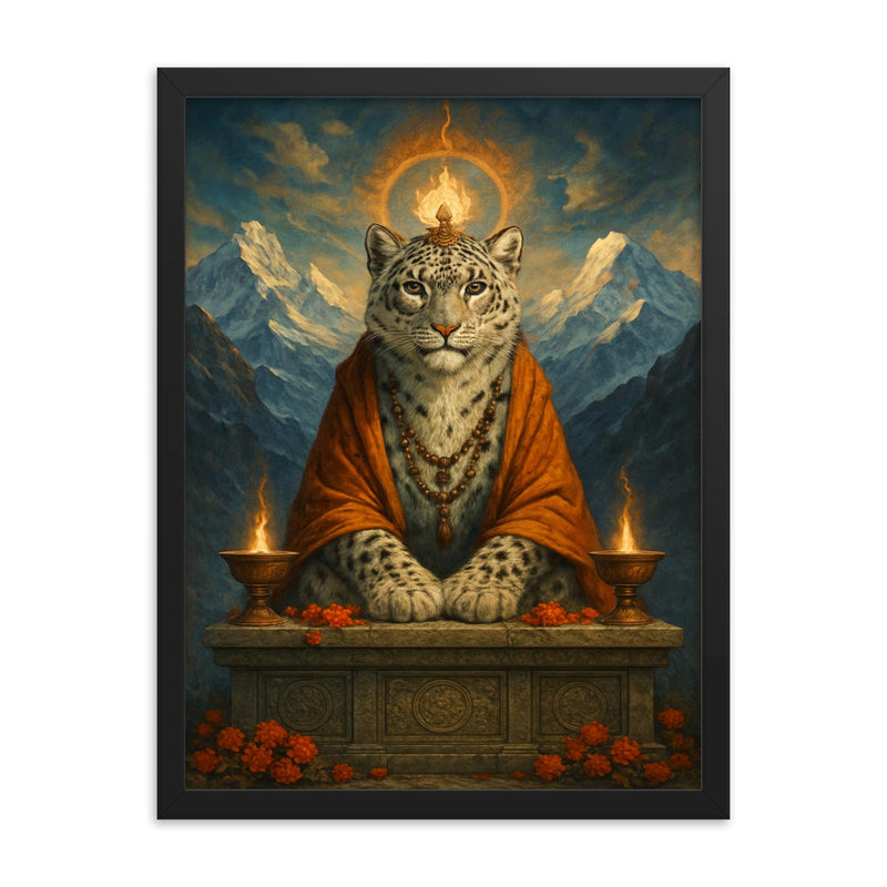 Snow leopard oracle on Himalayan altar framed print on a plain backdrop in size 18