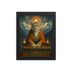 Snow leopard oracle on Himalayan altar framed print on a plain backdrop in size 8"x10".
