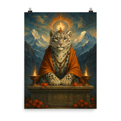 Snow leopard oracle on Himalayan altar poster on a plain backdrop in size 8"x10".