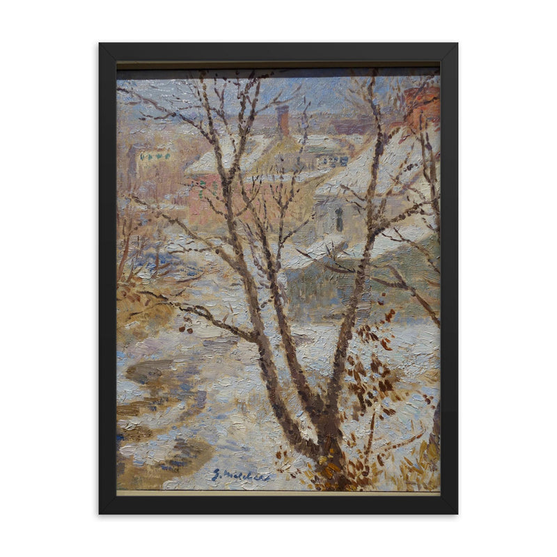 Snow Scene by Gari Melchers framed print on a plain backdrop in size 18