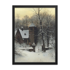 Snowy Churchyard by Sophus Jacobsen framed print on a plain backdrop in size 18"x24".