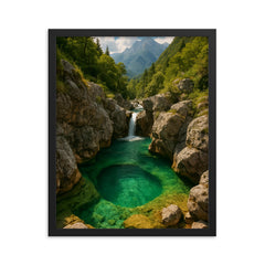 Soča River Emerald Pools Slovenia framed print on a plain backdrop in size 16"x20".