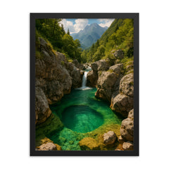Soča River Emerald Pools Slovenia framed print on a plain backdrop in size 18"x24".
