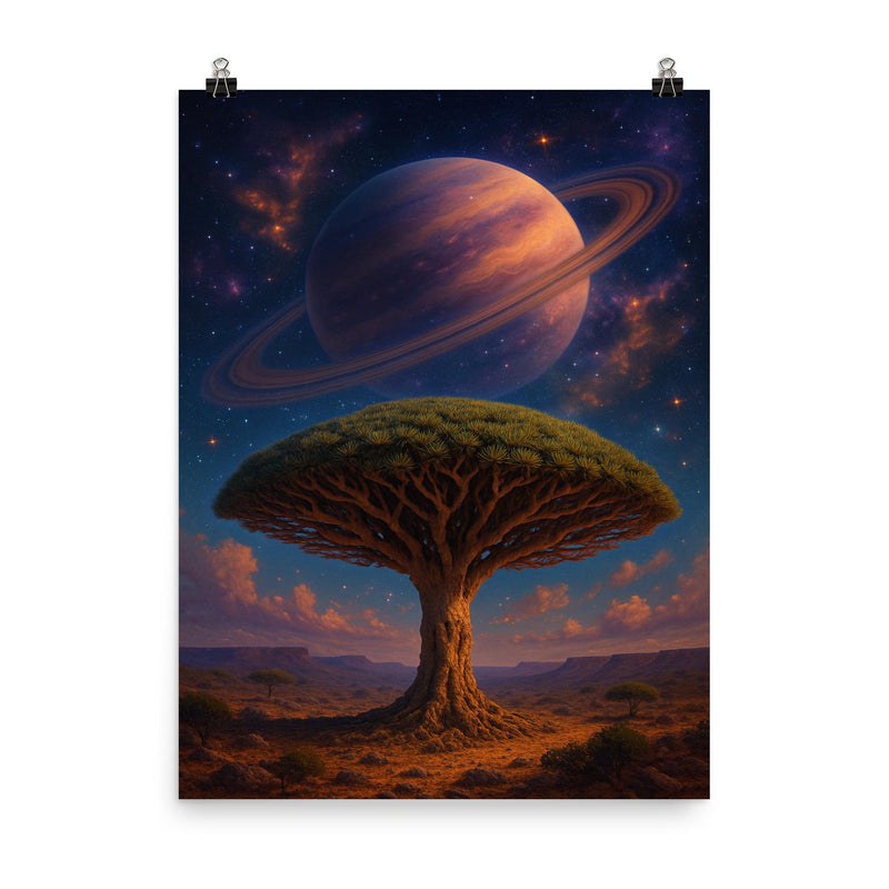 Socotra dragon blood tree under alien sky poster on a plain backdrop in size 8