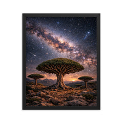 Socotra dragon blood trees under Milky Way framed print on a plain backdrop in size 16"x20".