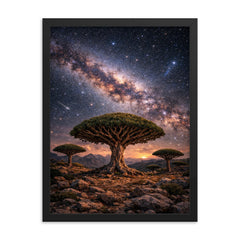 Socotra dragon blood trees under Milky Way framed print on a plain backdrop in size 18"x24".