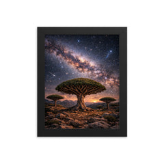 Socotra dragon blood trees under Milky Way framed print on a plain backdrop in size 8"x10".