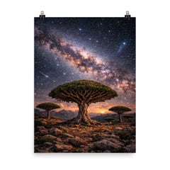 Socotra dragon blood trees under Milky Way poster on a plain backdrop in size 8"x10".