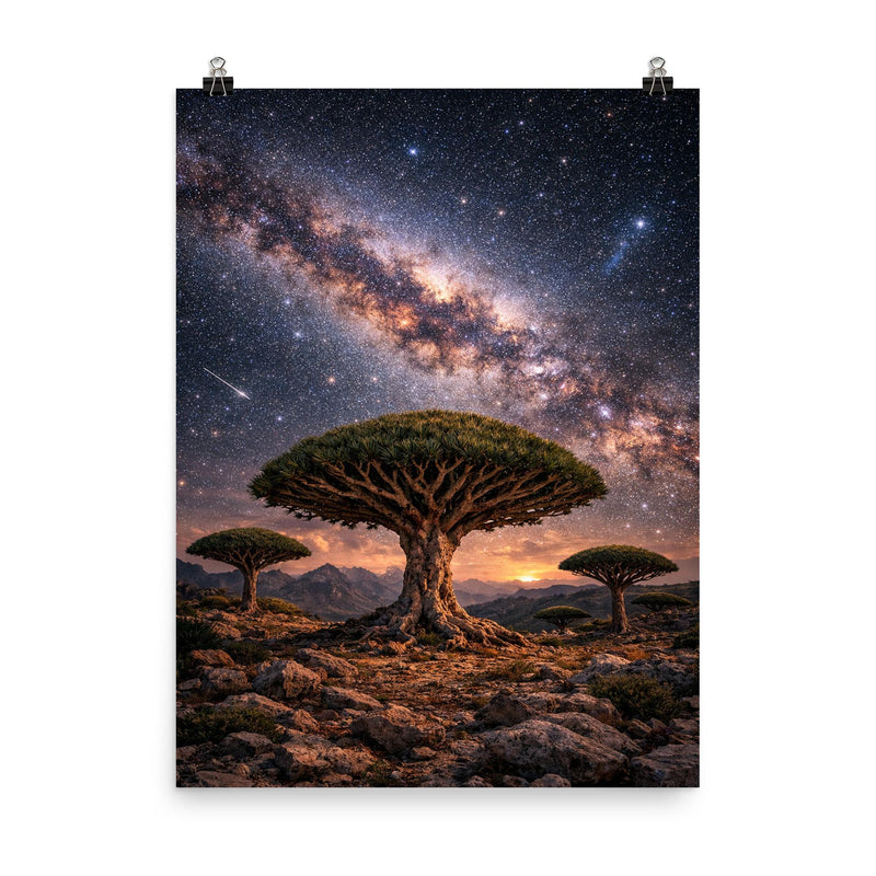 Socotra dragon blood trees under Milky Way poster on a plain backdrop in size 8