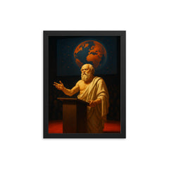 Socrates delivering a TED style lecture framed print on a plain backdrop in size 12"x16".