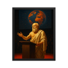Socrates delivering a TED style lecture framed print on a plain backdrop in size 16"x20".