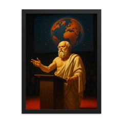 Socrates delivering a TED style lecture framed print on a plain backdrop in size 18"x24".