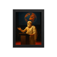 Socrates delivering a TED style lecture framed print on a plain backdrop in size 8"x10".