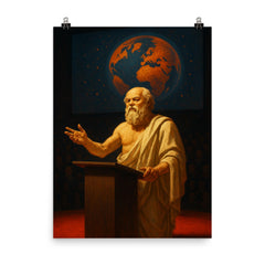 Socrates delivering a TED style lecture poster on a plain backdrop in size 8"x10".