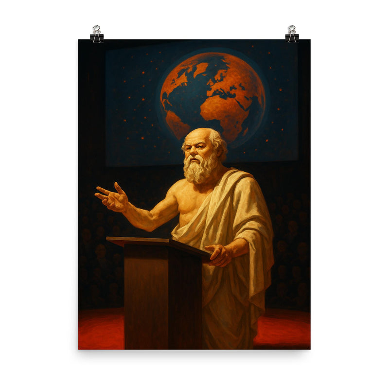 Socrates delivering a TED style lecture poster on a plain backdrop in size 8