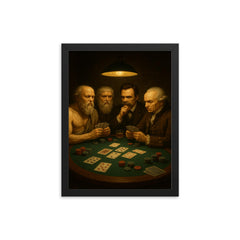 Socrates Plato Nietzsche and Kant playing a tense game of poker framed print on a plain backdrop in size 12"x16".
