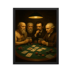 Socrates Plato Nietzsche and Kant playing a tense game of poker framed print on a plain backdrop in size 16"x20".