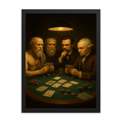 Socrates Plato Nietzsche and Kant playing a tense game of poker framed print on a plain backdrop in size 18"x24".