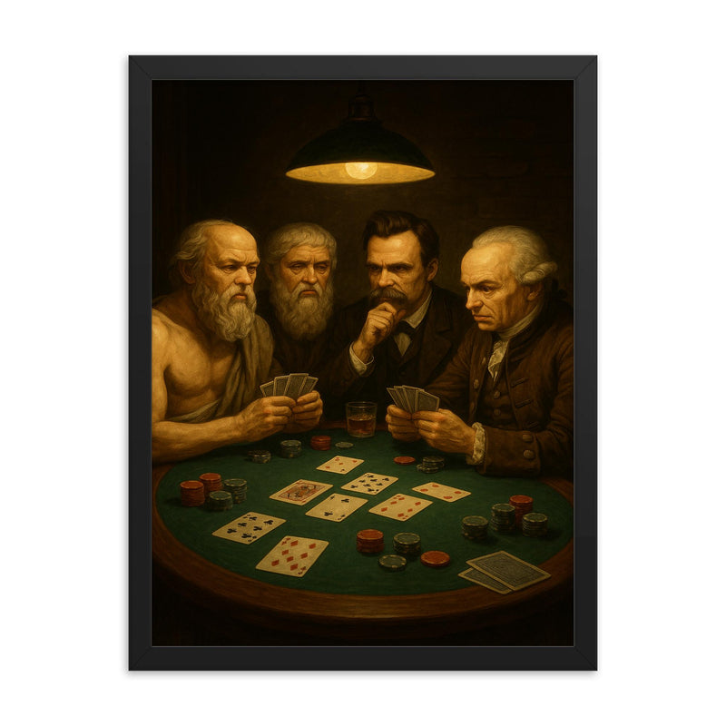 Socrates Plato Nietzsche and Kant playing a tense game of poker framed print on a plain backdrop in size 18
