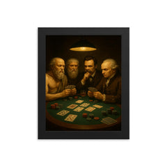 Socrates Plato Nietzsche and Kant playing a tense game of poker framed print on a plain backdrop in size 8"x10".