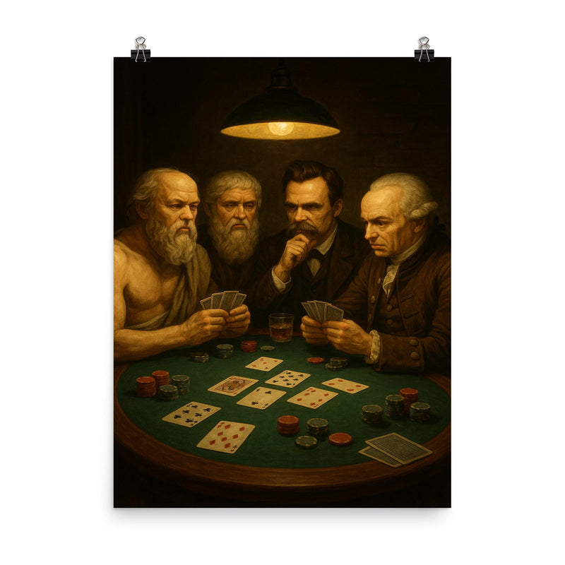 Socrates Plato Nietzsche and Kant playing a tense game of poker poster on a plain backdrop in size 8