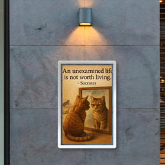 socrates quote an unexamined life cat staring at reflection with other cats poster 2