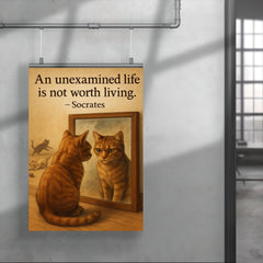 socrates quote an unexamined life cat staring at reflection with other cats poster 4