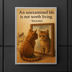 socrates quote an unexamined life cat staring at reflection with other cats poster 5