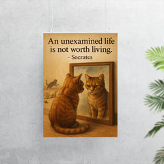 socrates quote an unexamined life cat staring at reflection with other cats poster 7