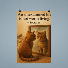 socrates quote an unexamined life cat staring at reflection with other cats poster 9