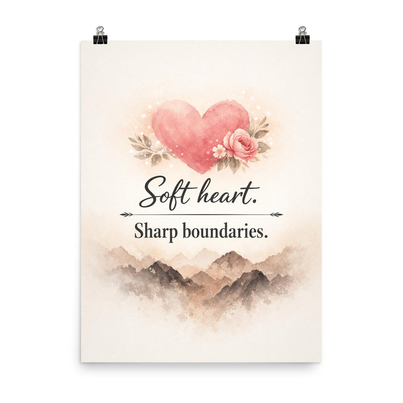 Soft heart Sharp boundaries poster on a plain backdrop in size 8