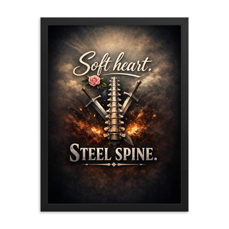 Soft heart Steel spine framed print on a plain backdrop in size 18