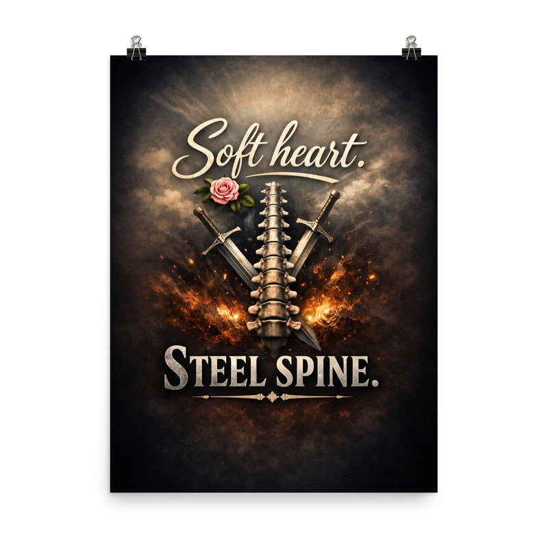 Soft heart Steel spine poster on a plain backdrop in size 8
