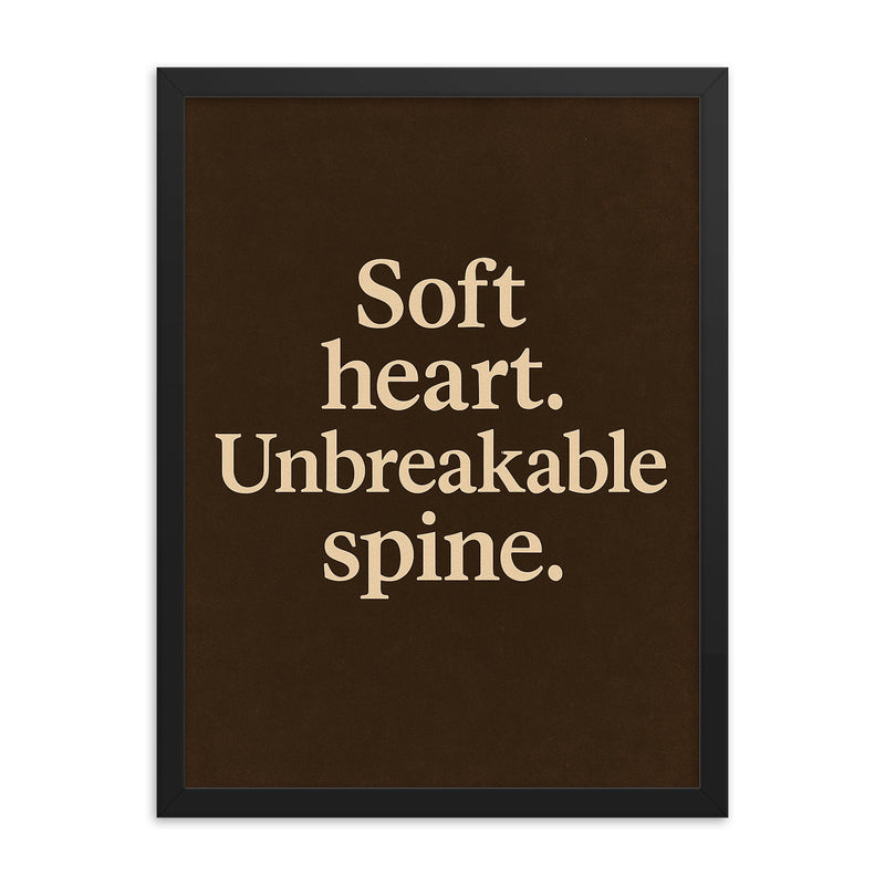 Soft heart Unbreakable spine framed print on a plain backdrop in size 18