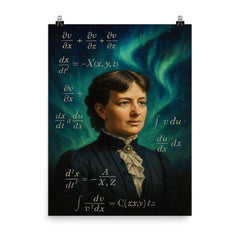 Sofya Kovalevskaya with equations and northern lights poster on a plain backdrop in size 8"x10".