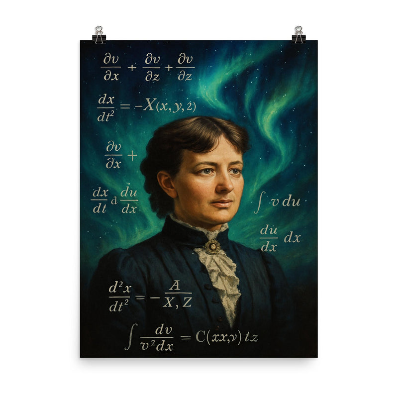 Sofya Kovalevskaya with equations and northern lights poster on a plain backdrop in size 8