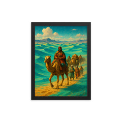 Sogdian caravan crossing turquoise Silk Road desert framed print on a plain backdrop in size 12"x16".