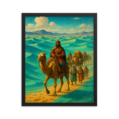 Sogdian caravan crossing turquoise Silk Road desert framed print on a plain backdrop in size 16"x20".