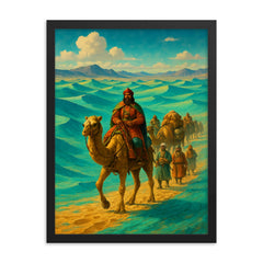 Sogdian caravan crossing turquoise Silk Road desert framed print on a plain backdrop in size 18"x24".