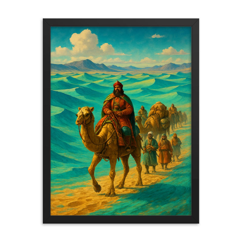Sogdian caravan crossing turquoise Silk Road desert framed print on a plain backdrop in size 18
