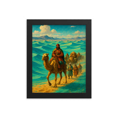 Sogdian caravan crossing turquoise Silk Road desert framed print on a plain backdrop in size 8"x10".