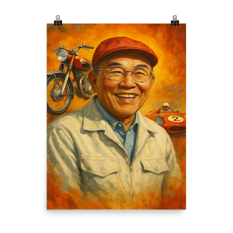 Soichiro Honda poster on a plain backdrop in size 8