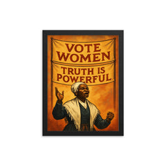 Sojourner Truth speaking beneath banners framed print on a plain backdrop in size 12"x16".