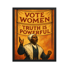 Sojourner Truth speaking beneath banners framed print on a plain backdrop in size 16"x20".