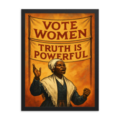 Sojourner Truth speaking beneath banners framed print on a plain backdrop in size 18"x24".