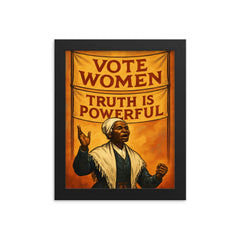 Sojourner Truth speaking beneath banners framed print on a plain backdrop in size 8"x10".