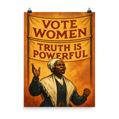 Sojourner Truth speaking beneath banners poster on a plain backdrop in size 8"x10".